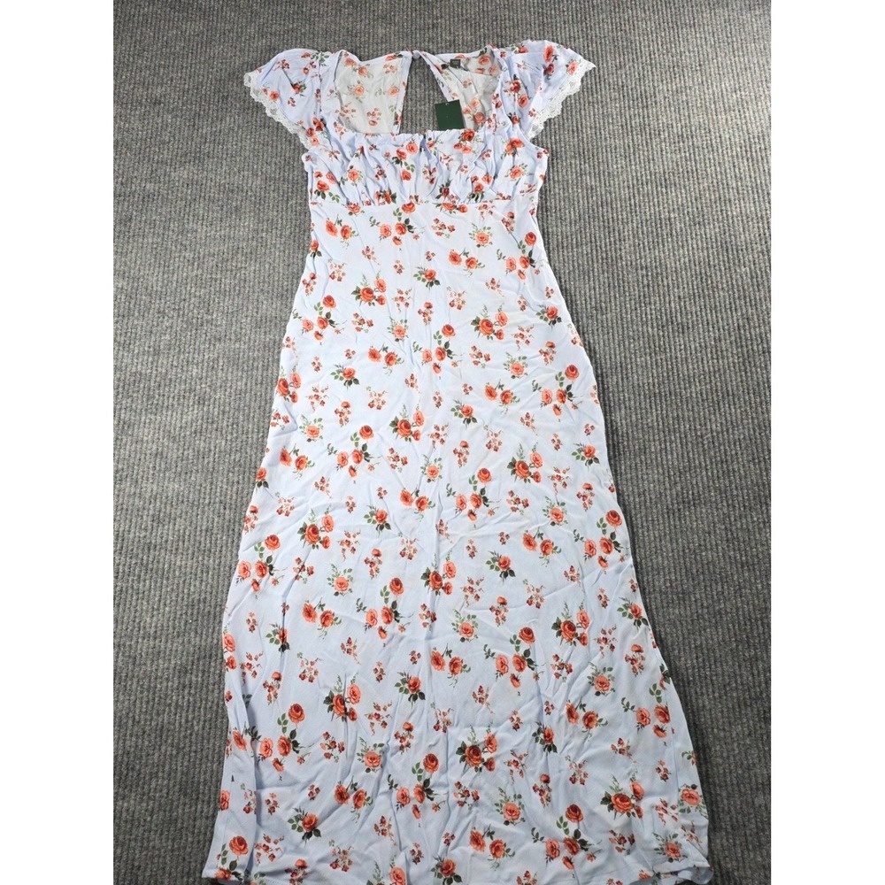 Wild Fable Blue Floral Rose Milkmaid Maxi Dress Lace Trim Cutout Back XS NEW‎